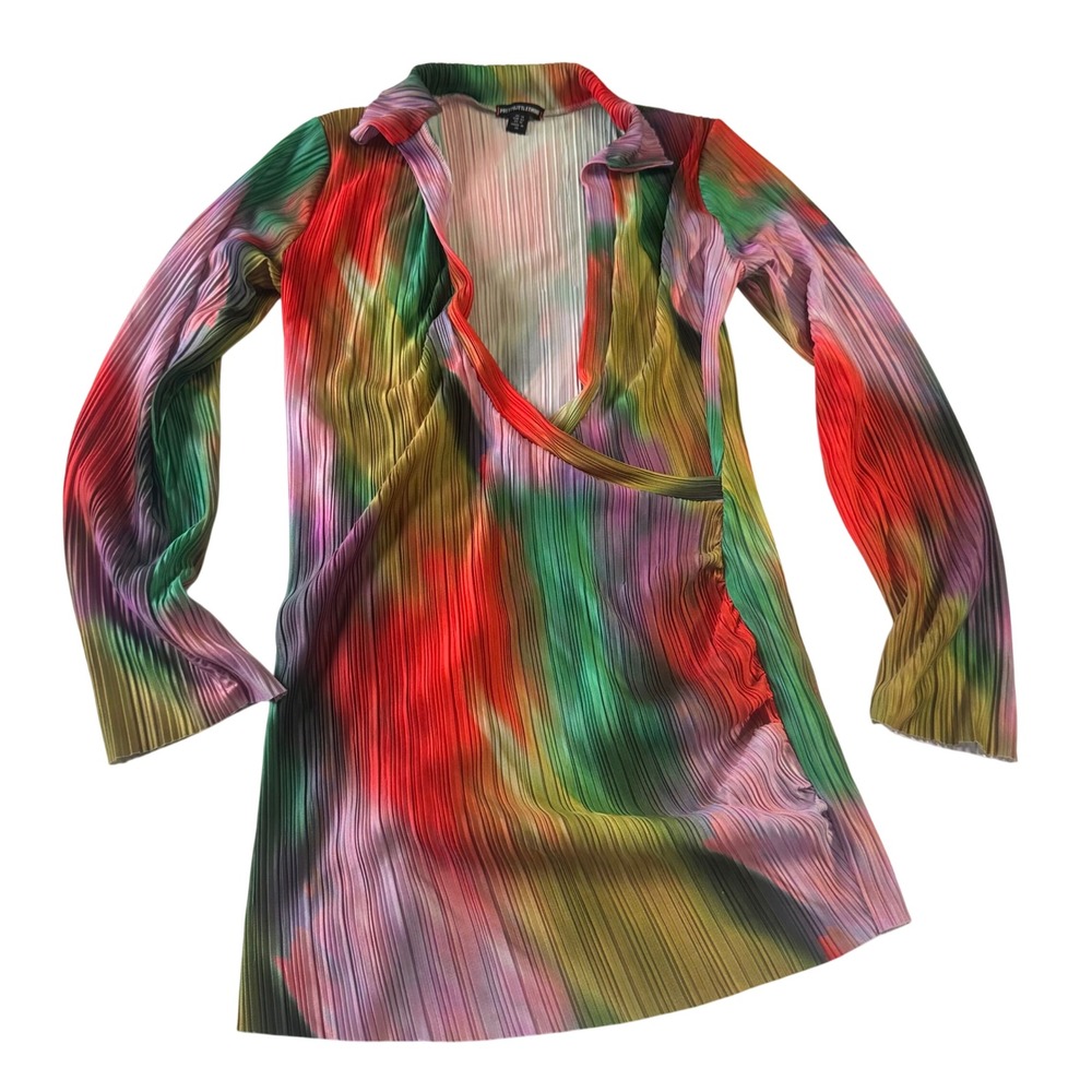 PLT Watercolour Plisse Wrap Dress Plunge Front Long Sleeve Mini US 10